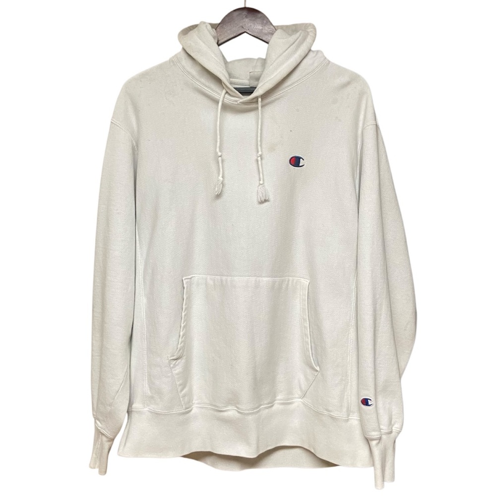 Vintage Champion Reverse Weave Men’s C Logo Hoodie Trashed Grunge Dirty White